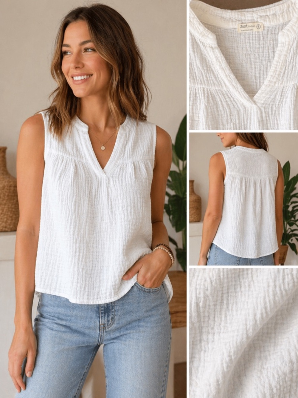 Just Living White Sleeveless V-Neck Textured Tunic Top